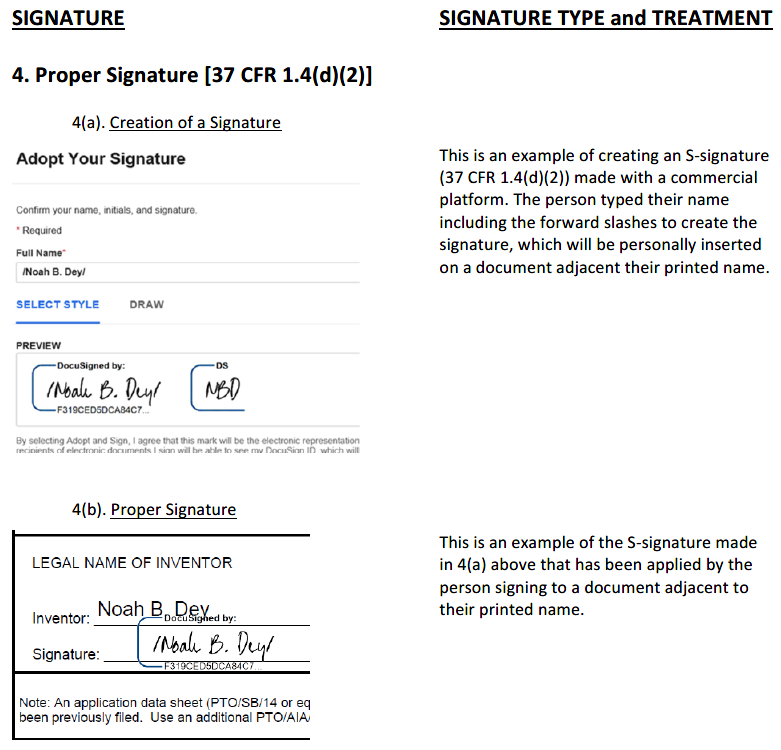 An example from the USPTO of a properly created and applied S-signature